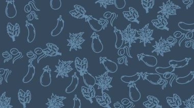 Pattern of eggplants and leaves on a blue background. Great for food blogs, recipe cards, restaurant menus, and kitchen decor.