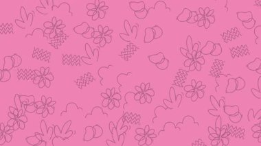 Çiçekli çiçek deseni, yapraklı, pembe arkaplanlı bulutlar. Kart tasarımları, kırtasiye malzemeleri, moda baskıları ve dijital arkaplanlar için mükemmel.