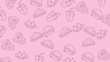 Pembe arka planda yiyecek ve içecek çizimleri, restoran menüleri, yemek blogları ve sosyal medya grafikleri için mükemmel..