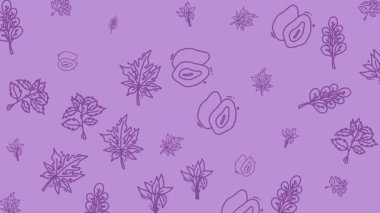 Mor arka planda yapraklar, çiçekler ve avokado. Botanik, sağlık ve mutfak temaları için uygun canlı besin ve doğa kompozisyonu.