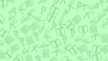 Yeşil zemin üzerinde kitaplar, hesap makineleri, gözlükler ve teleskoplar. Eğitim, bilimsel veya akademik temalı tasarımlar, sunumlar veya yayınlar için ideal.