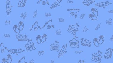 Seyahat reklamları, sosyal medya paylaşımları, yaz temalı tasarımlar ve tatil promosyonları için uygun tatil nesnesi çizimleri içeren açık mavi arkaplan.