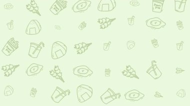 Açık yeşil yiyecekler çeşitli Japon aperatiflerini ve yemeklerini içerir. Yemek blogları, restoran menüleri ve sosyal medya paylaşımları için ideal..