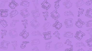 Mor arkaplan, kamera çizimleri, hediye çizimleri, mektuplar ve soru işaretleri. Fotoğrafçılık ya da iş temalı tasarımlar için harika. Duvar kağıtları, posterler ya da sosyal medya grafikleri için mükemmel.