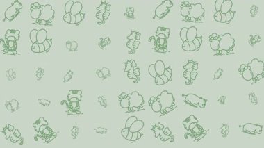 Çocuk duvar kağıdı, kumaş tasarımı veya hediye ambalaj kağıdı için uygun açık yeşil arkaplan üzerinde çizgi film hayvanları deseni.