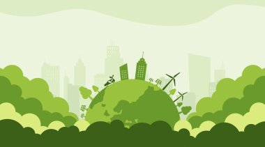 Eko, sürdürülebilir kalkınma kavramı. Çevre dostu teknoloji. Dünya çevresi, yeşil ekoloji, iş ve organizasyon için ESG. Yeşil şablon ve Vektör illüstrasyonu.