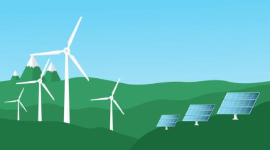 Modern Düz Tarzlı Temiz Enerji Peyzaj Resimleri: Rüzgâr Türbinleri, Güneş Panelleri ve Yeşil Tepeler