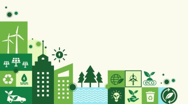 Yeşil şehir konsepti basit geometrik düz stil. Ekoloji ve sürdürülebilir poster, güneş panelleri, rüzgar türbinleri, binalar ve ağaçlar - eko ve yeşil enerji kavramı.