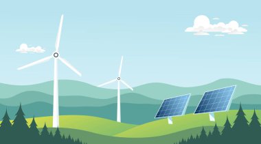 Rüzgâr Türbinleri ve Temiz Yenilenebilir Enerji Konsepti Güneş Panelleri ile Minimum Vektör Arkaplanı