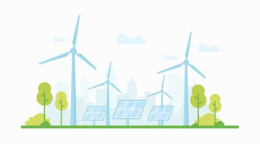 Temiz Elektrik Gücü ve Çevre dostu Yeşil Bölge için Güneş Panelleri ve Rüzgar Türbinleri ile Yenilenebilir Enerji Konsepti
