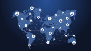 Küresel ağ bağlantısı kavramı. Büyük veri görselleştirmesi. Küresel bilgisayar ağlarındaki sosyal ağ iletişimi. İnternet teknolojisi. İş için. - Bilim. Vektör illüstrasyonu.