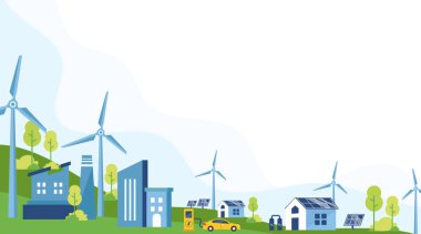 Çevre dostu binalar, güneş panelleri ve yenilenebilir enerji ve temiz çevre vektörü için rüzgar türbinleriyle sürdürülebilir yeşil şehir manzarası