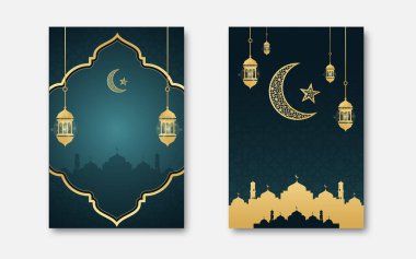 Lüks Ramazan posterleri asılmış. Arap gelenekleri ve doğu kültürü. Kutsal ay Ramazan kareem. Din, inanç ve inanç. Mavi arkaplanda izole edilmiş gerçekçi vektör koleksiyonu