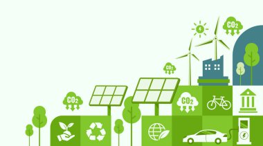 Ağ sıfır ve karbon nötr konsept. Çevre web pankartı. Net sıfır sera gazı emisyon hedefi. Yeşil ağ sıfır ikonlu iklim nötr stratejisi. Vektör illüstrasyonu.