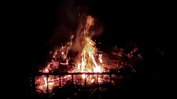 Fogo Vermelho Brilhante Criado Pela Queima Madeira Noite — Vídeo de Stock