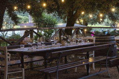 Yeşil geçiş zamanında, doğada bir açık hava restoranının masaları.