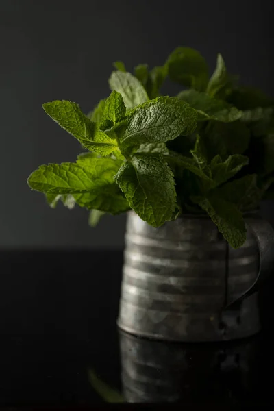 Sekumpulan mint segar dalam cangkir besi. — Stok Foto