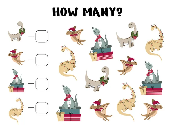 Christmas-themed dinosaur counting worksheet for kids featuring festive dinosaurs with Santa hats, gifts, candy canes, socks, and antlers for preschool math practice