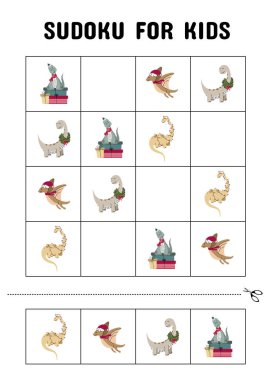Christmas Sudoku puzzle for kids featuring cute dinosaurs in festive outfits and accessories, designed for early learning and holiday fun