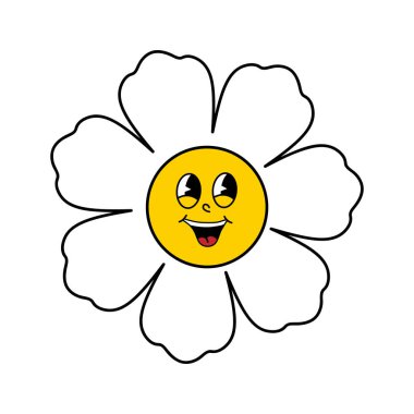 Groovy Retro Flower with Smiling Face and White Petals