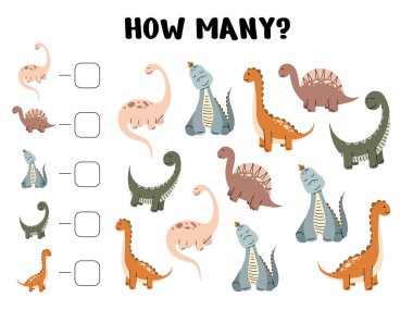 Erken matematik öğrenimi ve sayı tanıma alıştırması için çeşitli renklerde beş dinozor türüne sahip çocuklar için dinozor sayım çizelgesi