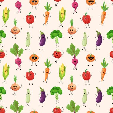Pancar, mısır, domates, havuç, soğan, biber, patlıcan, kabak, balkabağı ve açık arkaplanda anlamlı yüzler olan brokoli gibi tatlı sebze karakterleri içeren kusursuz desenler.