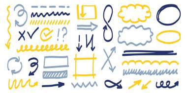 Mavi, sarı ve gri ile çizilmiş vektör elementlerinin toplanması. Okları, işaretleri, haçları, sembolleri, çizgileri, daireleri, çerçeveleri ve karalamaları içerir.