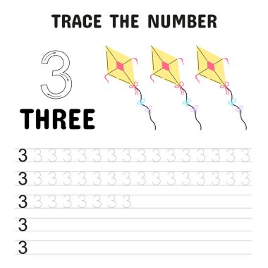 El yazısı alıştırması çizgileri ve üç renkli uçurtma çizimi olan anaokulu öğrencileri için 3 numaralı çalışma tablosu