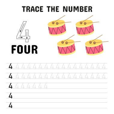 El yazısı alıştırması çizgileri ve dört renkli davul illüstrasyonu olan anaokulu öğrencileri için 4.