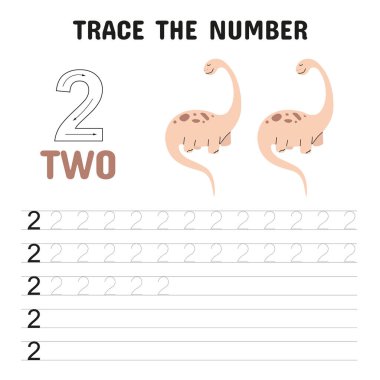 Dinozorla 2 sayısını yazma alıştırması yapmaları için çocukların eğitim programı.