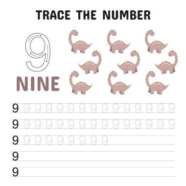 Şirin dinozorların yer aldığı 9 numaralı izleme çizelgesi. Bu baskı tablosu anaokulu ve anaokulu çocukları için sayı formasyonu, sayma ve erken el yazısı becerileri için idealdir..