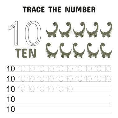 10 numaralı eğlenceli ve eğitici çalışma tablosu şirin yeşil dinozorlarla.