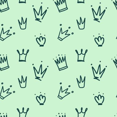 Kusursuz taç deseni, el çizimi kraliyet tacı açık yeşil arka planda koyu yeşil..