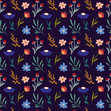 Elle çizilmiş çiçek desenleri ve koyu mor arka planda botanik unsurlar.