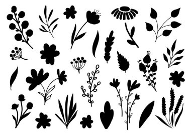 Çeşitli el yapımı çiçekler, yapraklar, saplar ve bitkiler içeren siyah botanik siluetler koleksiyonu..