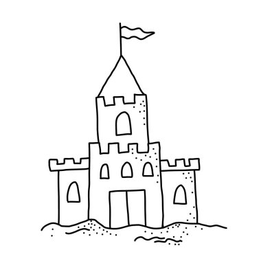 Üzerinde bayrak olan en az kum kalesi çizimi. Beyaz arka planda izole edilmiş basit siyah ana hatlı plaj çizimi.