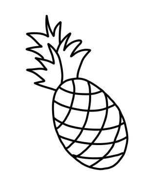Beyaz arkaplanda çizgi film tarzında dikenli yapraklı bir ananas çizimi.
