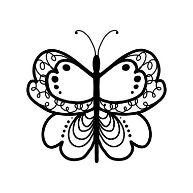 Siyah ve beyaz renkli dekoratif kelebek çizgisi çizimi simetrik kanatlar, süslemeli karalama desenleri ve beyaz arkaplanda izole edilmiş zarif siluet.