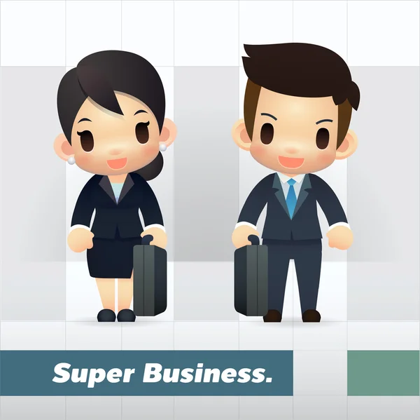 Állítsa be az ázsiai üzletember és üzletasszony, aranyos és egyszerű rajzfilm stílusú — Stock Vector