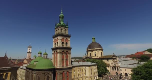 Lviv roofs and streets aerial view, Ukraine Dominican — Stock Video
