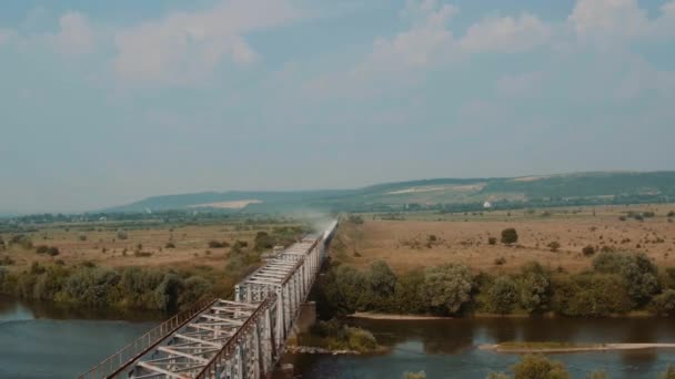 Φορτηγό τρένο μετακινήθηκε μέσα από τη σιδερένια γέφυρα 4K — Αρχείο Βίντεο