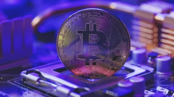 Moneda criptográfica, bitcoin. BTC, Bit Coin. Tecnología Blockchain, minería bitcoin. — Vídeo de stock