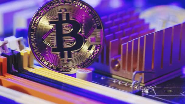 Bitcoin. Crypto mata uang Gold Bitcoin, BTC, Bit Coin. Suntikan makro koin Bitcoin diisolasi pada latar belakang motherboard — Stok Video