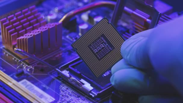 Laboratorní technik drží v rukou výkonný procesor. Procesor počítače CPU. Zásuvka CPU základní desky počítače. Koncepce počítače, základní desky, hardware a technologie. — Stock video