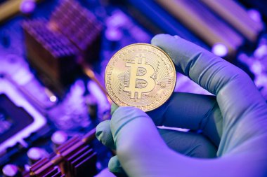 İş adamının elleri anakart arka planında altın Bitcoin taşıyor. Parmaklarda kripto para. İnsan gelecekteki para birimini gösteriyor. Madencilik, ticaret