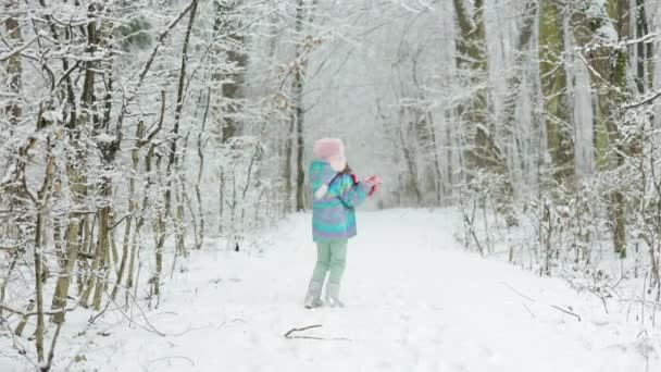 Szczęśliwa dziewczynka bawiąca się śniegiem na śnieżnym zimowym spacerze. Szczęśliwej zimy. Szczęśliwa zima chwile radosne młoda dziewczyna z długimi brunetkami włosy, ubrania zimowe zabawy w czasie śniegu — Wideo stockowe