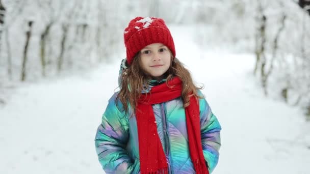 Porträt Kleines Mädchen lächelt in die Kamera, die im Freien im Park steht. Winterzeit, Glückskonzept. Schneeregen. Sorgenfreie Kindheit — Stockvideo