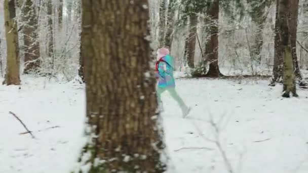 Barnflicka i färgglada kläder som springer i en snöig vinterpark. En liten vinterflicka i älvskogen. Går i vinterskog. Uttrycka positivitet, sanna ljusa känslor, leende. — Stockvideo