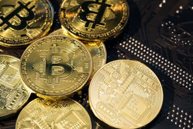 Şifreli para, bitcoin. BTC, Bit Coin. Engelleme teknolojisi, bitcoin madenciliği. Anakart arka planında izole edilmiş Bitcoin 'lerin yakın çekim görüntüleri