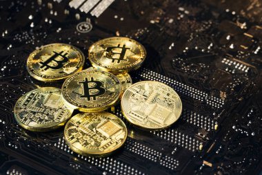 Altın Bitcoinler. Yeni sanal para. Altın Bitcoin madenciliği. Sanal paralar anakart arka planında izole edilmiş. Şifreli para, bitcoin. BTC, Bit Coin. Engelleme teknolojisi.